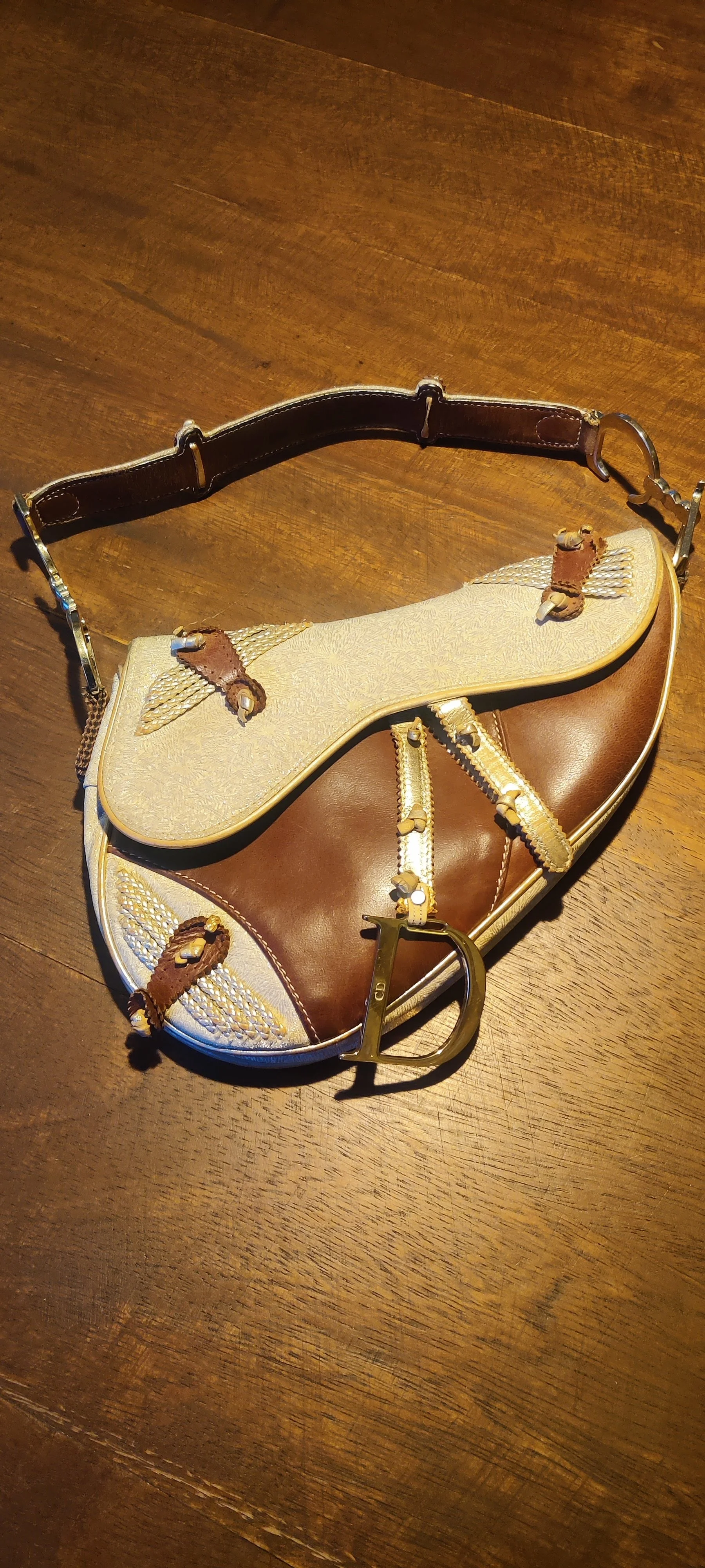 Christian Dior Saddle Bag Limited Edition 0449 – Bruin Leer & Beige Canvas 