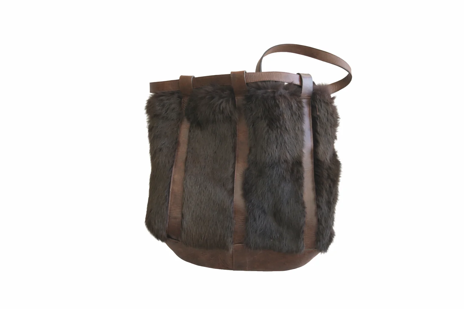 Bruine leren en bont tas – stijlvolle handtas van echt leer en faux fur
